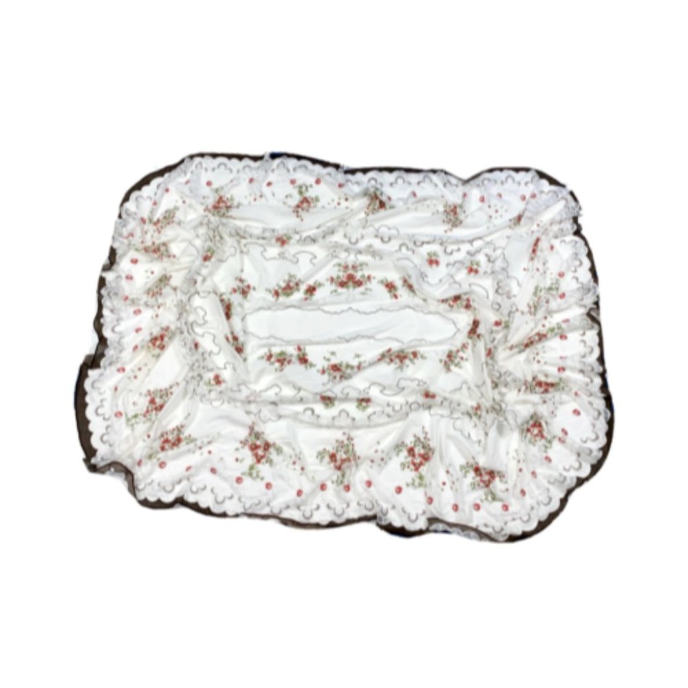 Vintage Delicate Lace Tablecloth Oval White Red Floral Sheer Large Doily 53 x 78